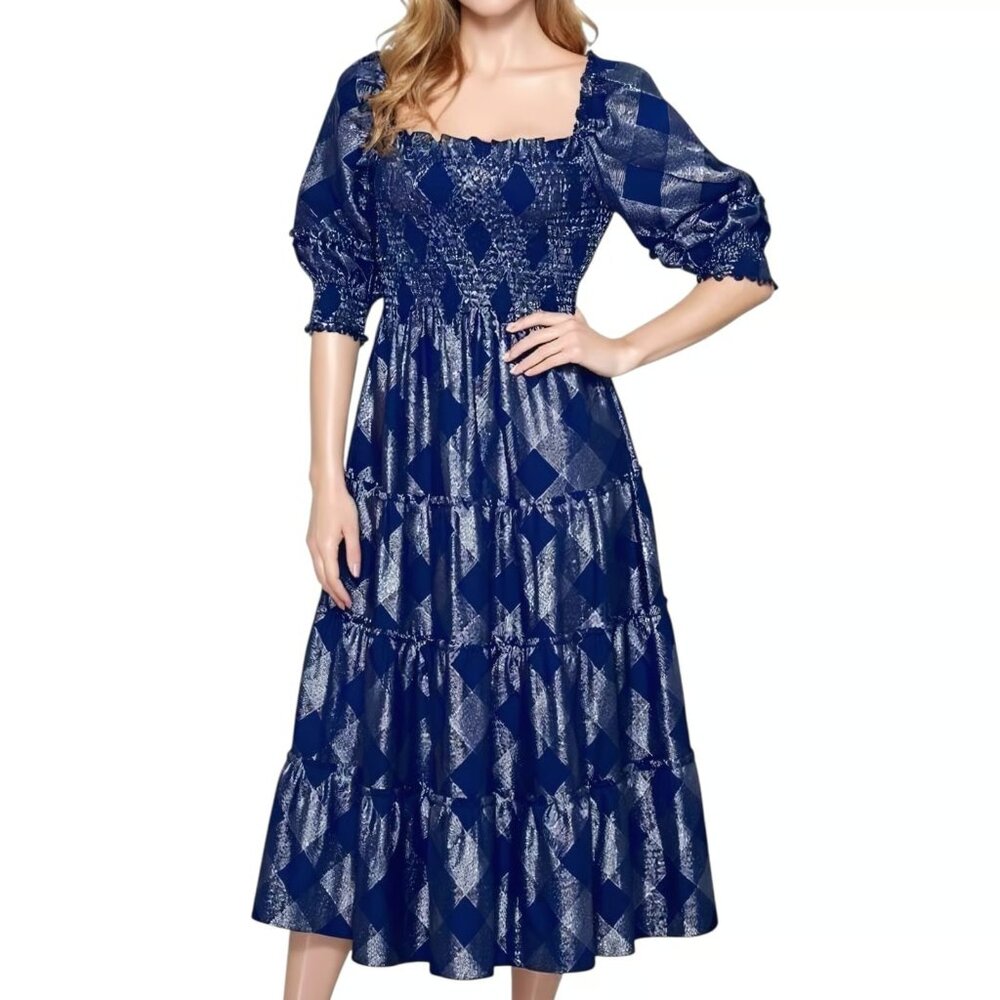 NWT Hill House Nesli Nap Dress in Navy Glitter Check Smocked Midi S - Picture 5 of 5